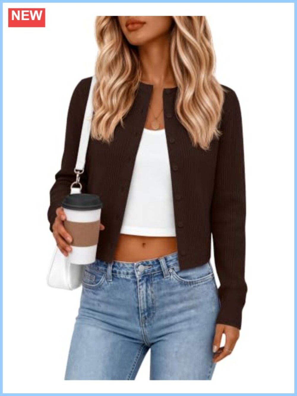 Cropped Ribbed Cotton Cardigan Button Front Long Sleeve Layering